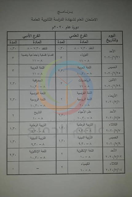 البكالوريا 2020 سوريا - برنامج امتحان البكالوريا سوريا 2020 المعدل الشهادة الثانوية 